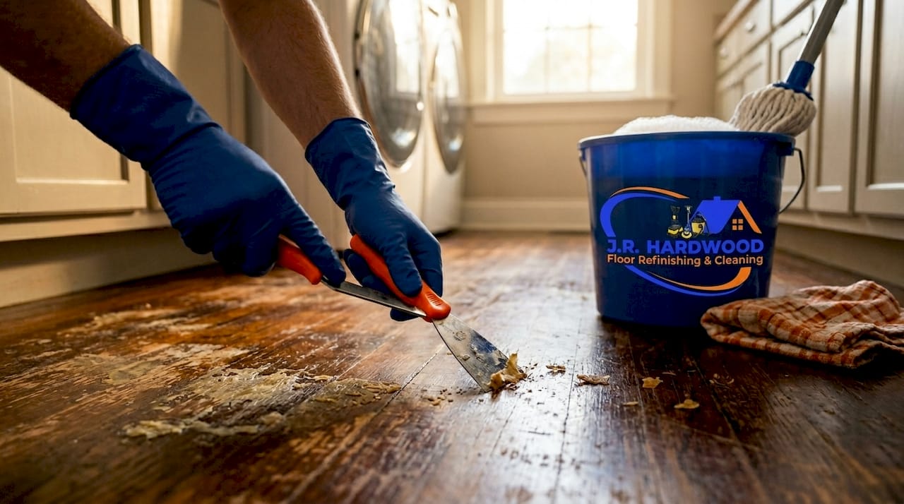 Hands removing wax from hardwood floor