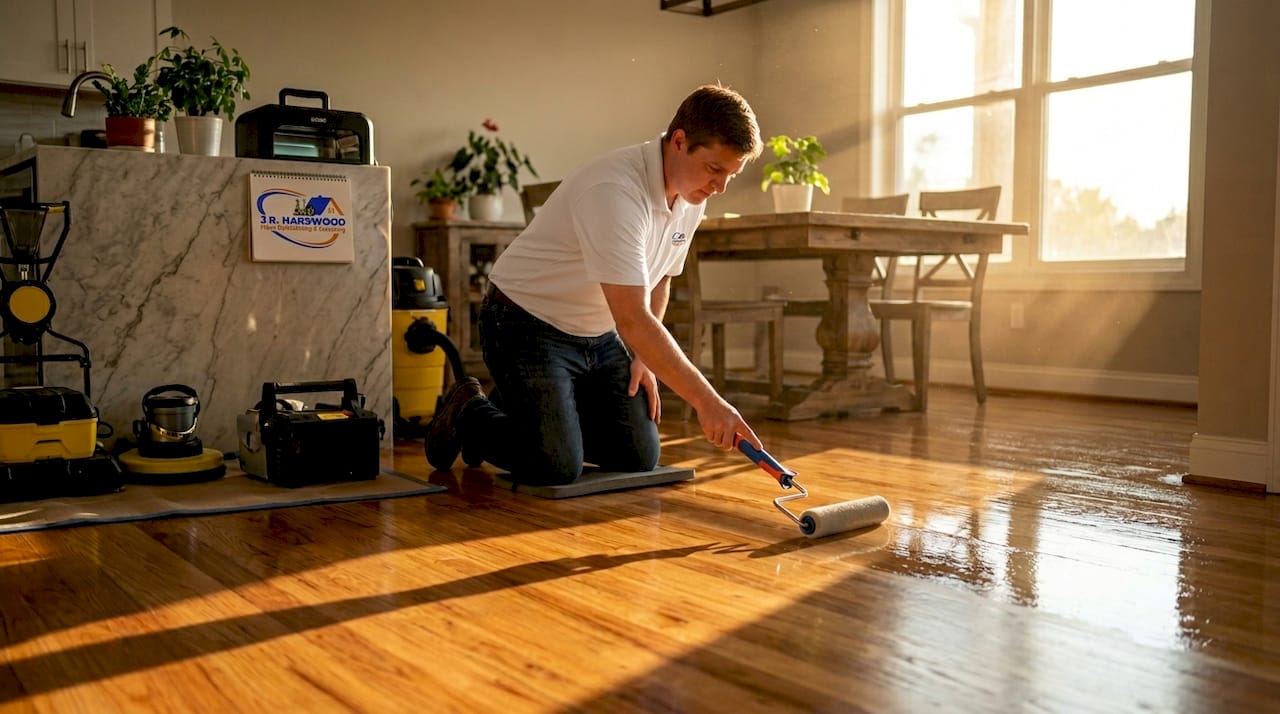 Technician applying UV floor finish