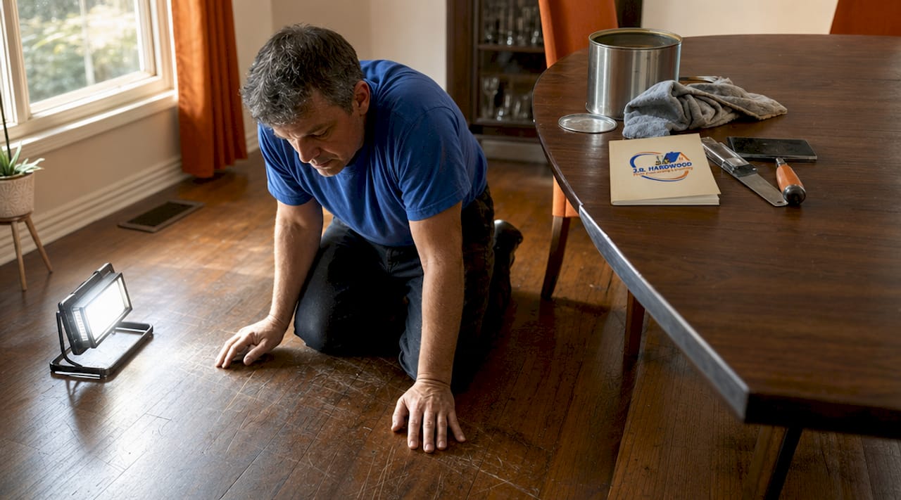 Homeowner inspecting scratched hardwood floor up close