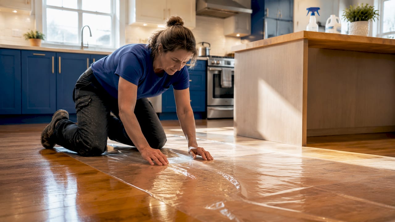Woman installing plastic floor protection in home
