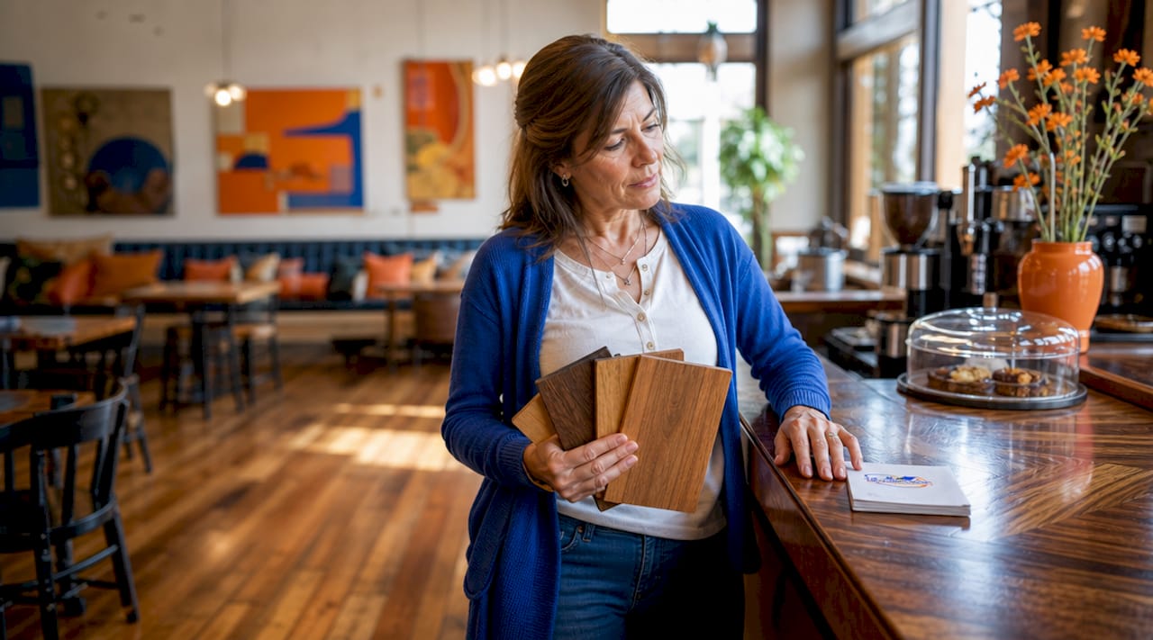 Homeowner comparing wood stain samples in living room