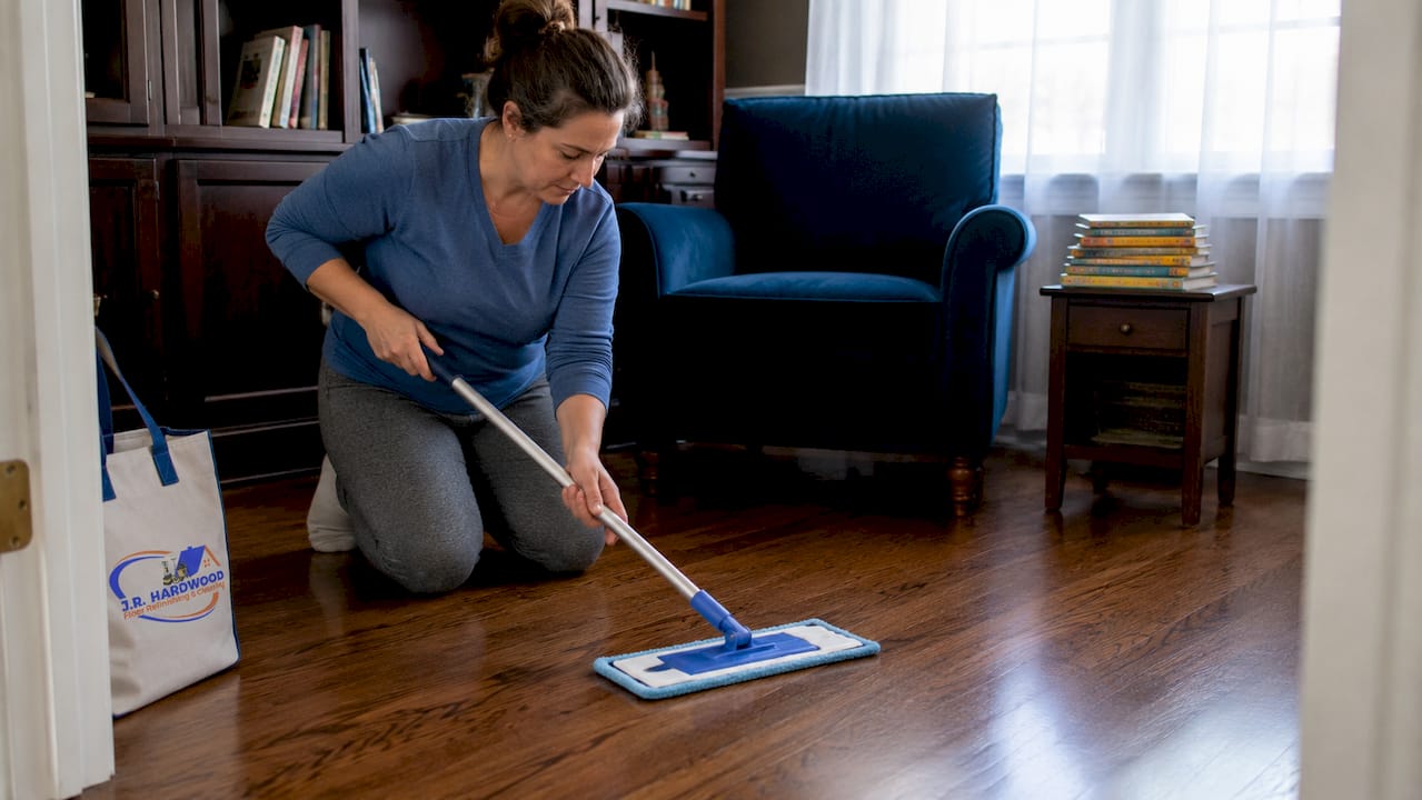 Woman cleaning hardwood floor with mop