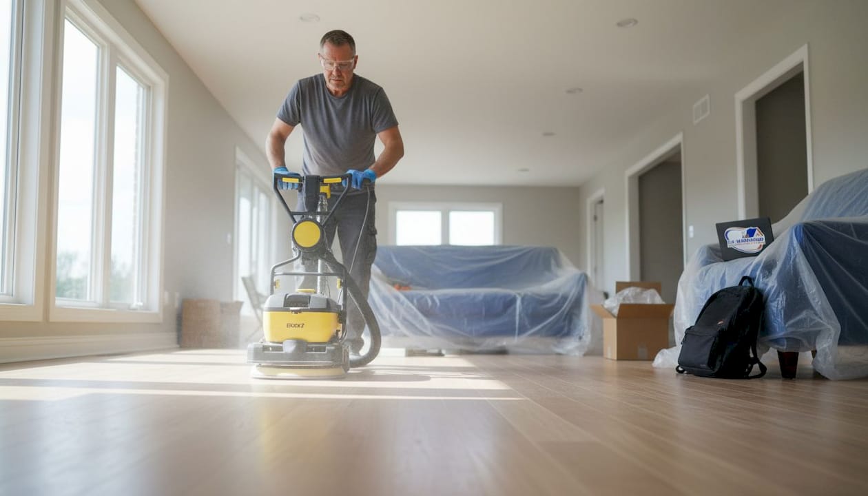 Technician sanding hardwood floor dustlessly in living room