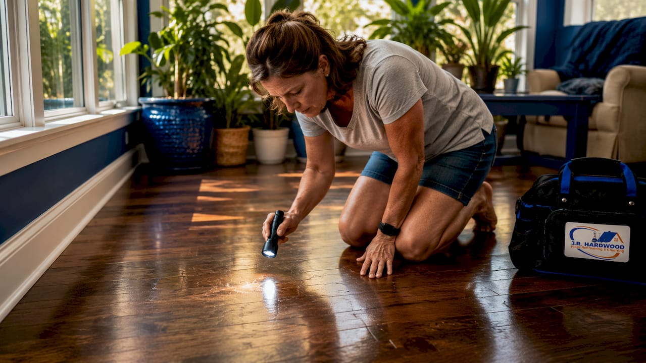 Homeowner inspecting hardwood floor closely