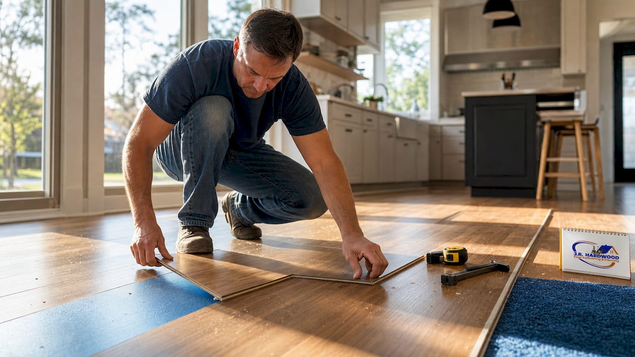 Man installing laminate floor in home