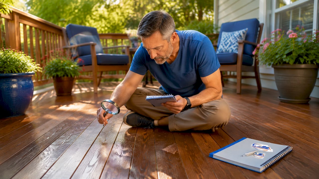 Buyer inspecting hardwood floor closely