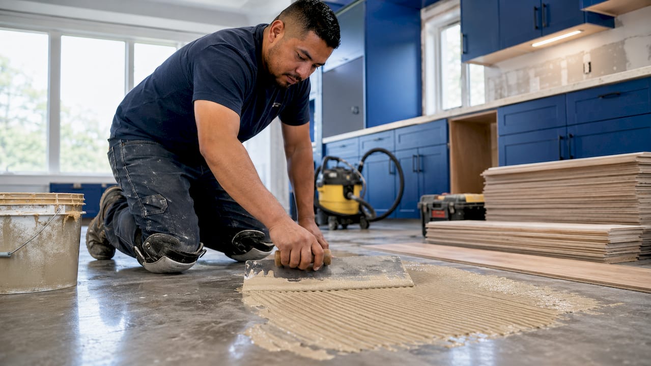 Installer spreading adhesive on subfloor
