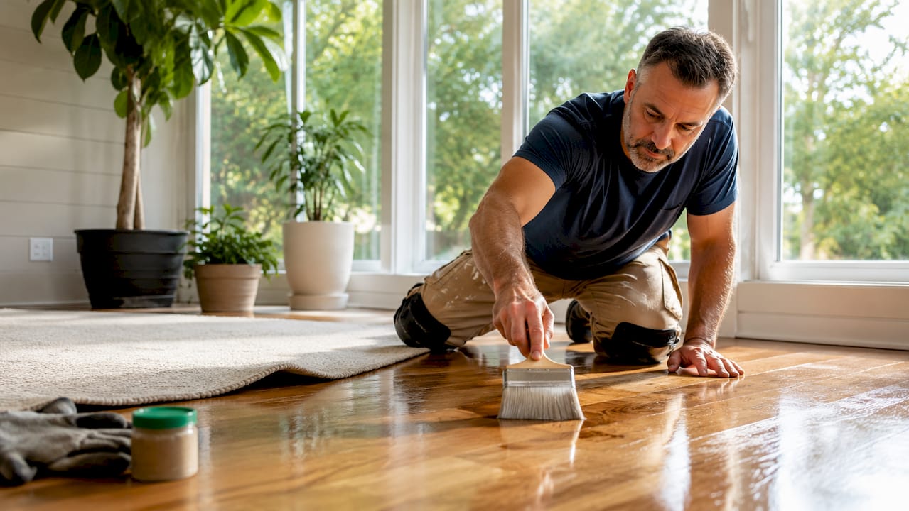 Craftsman applying eco-friendly finish on hardwood floor