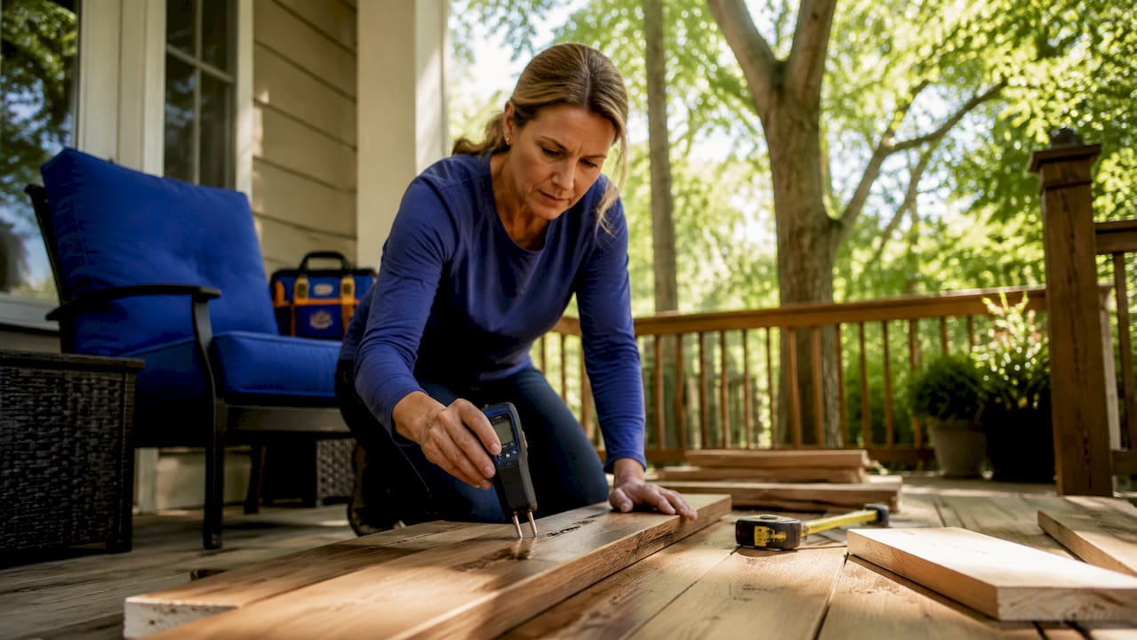 Homeowner checking hardwood floor moisture