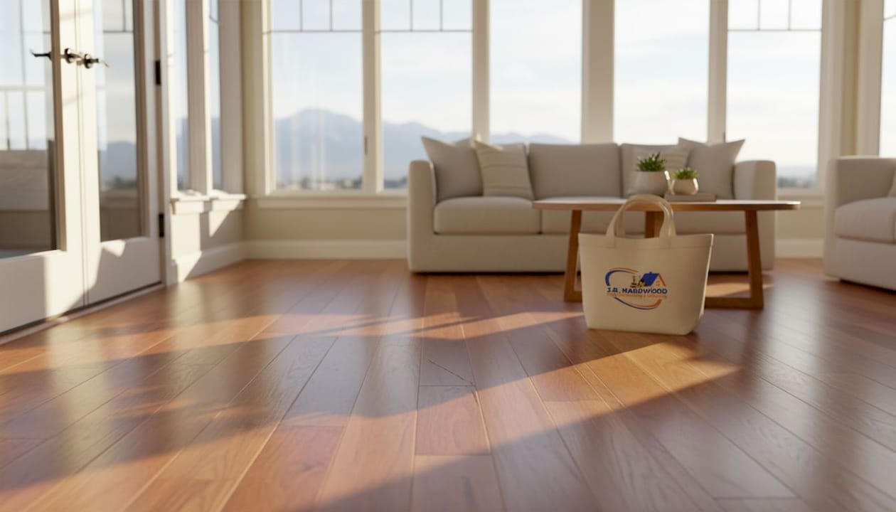 Close-up of refinished hardwood floor with warm tones