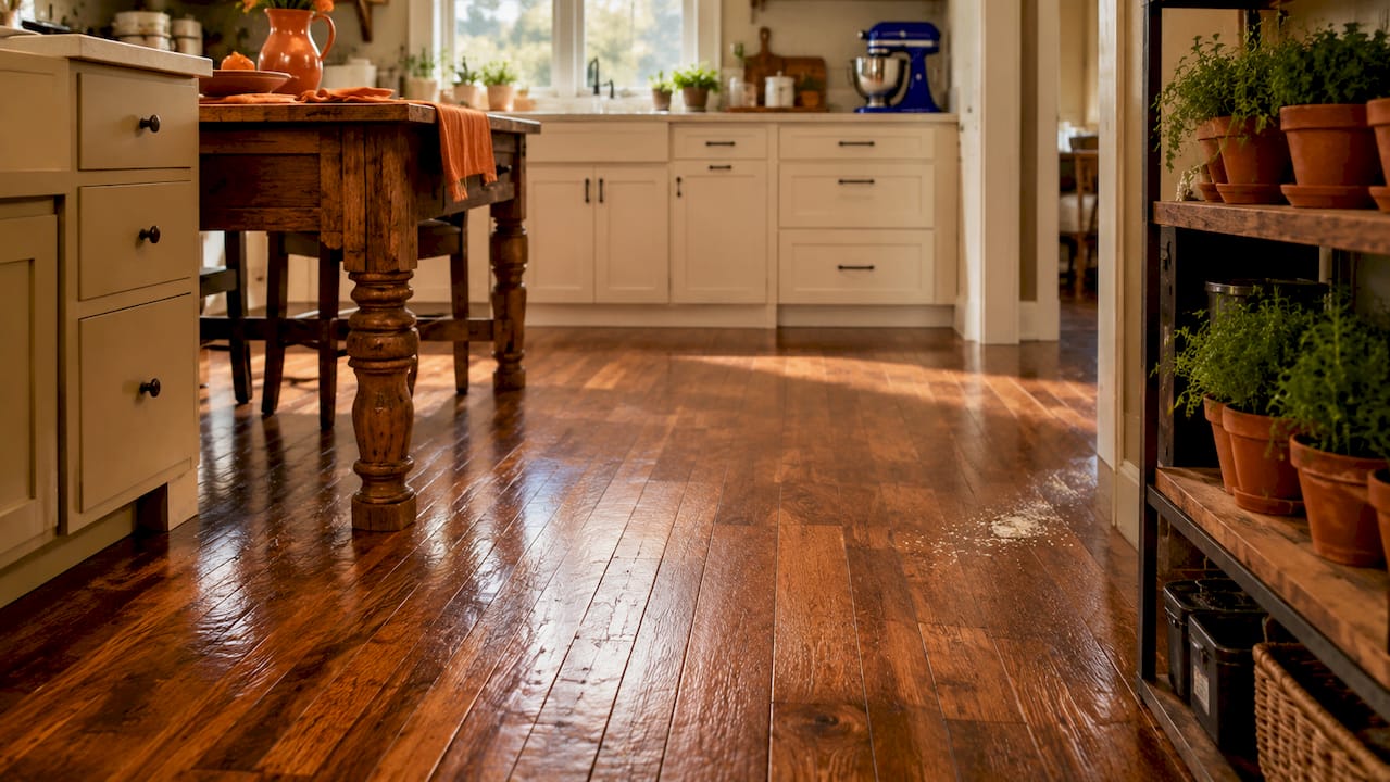 After refinished hardwood floor with warm tones