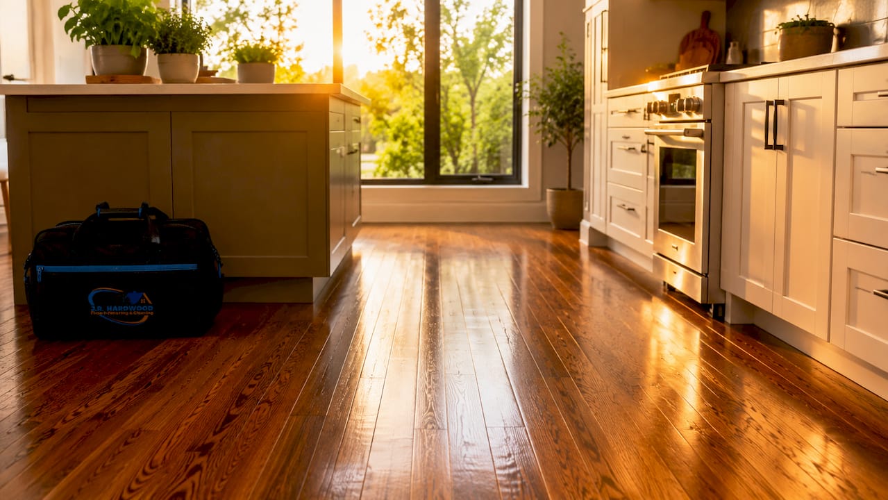 Close-up of refinished glossy hardwood floor