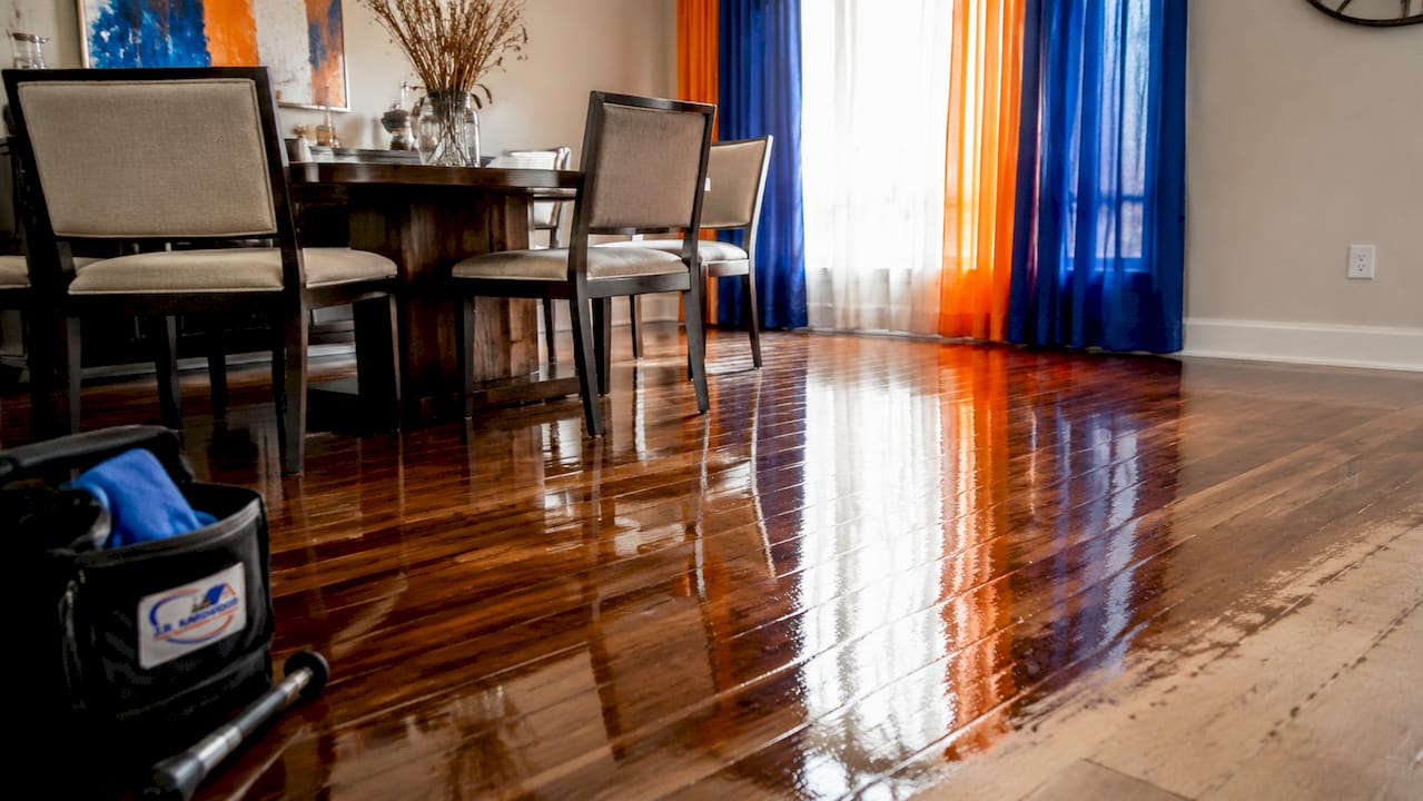 Close-up of freshly refinished hardwood floor in Denver home