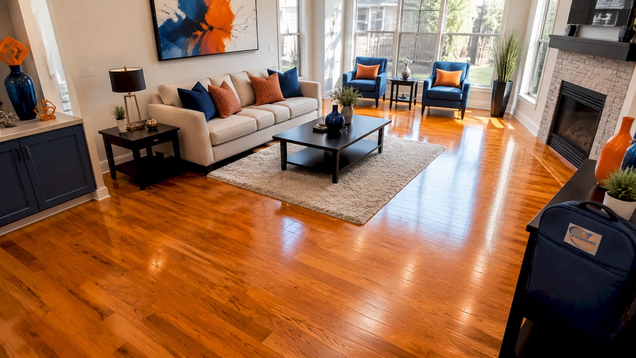 Bright refinished engineered hardwood floor close-up