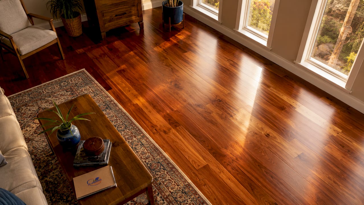 Brightly refinished hardwood floor close-up