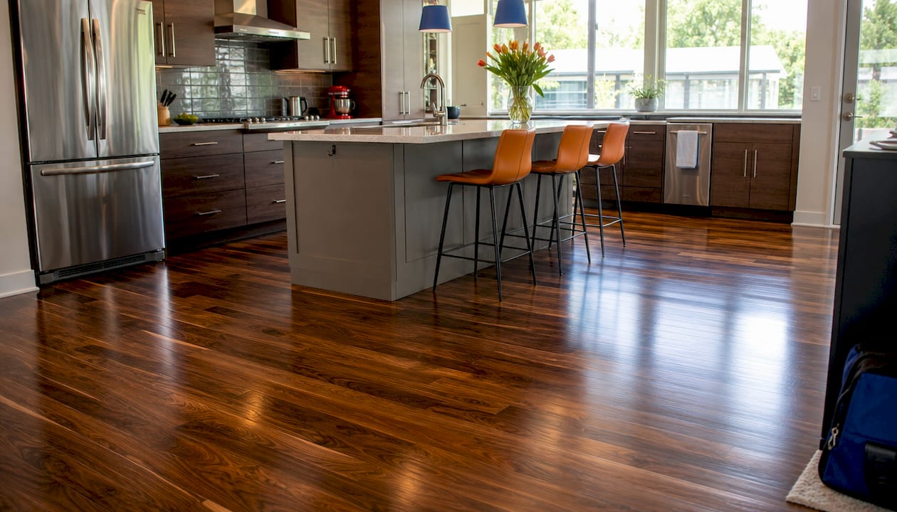 Brightly lit, refinished hardwood floor close-up
