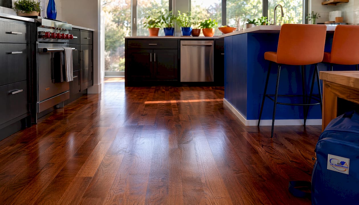 Close-up of refinished hardwood floor with warm tones