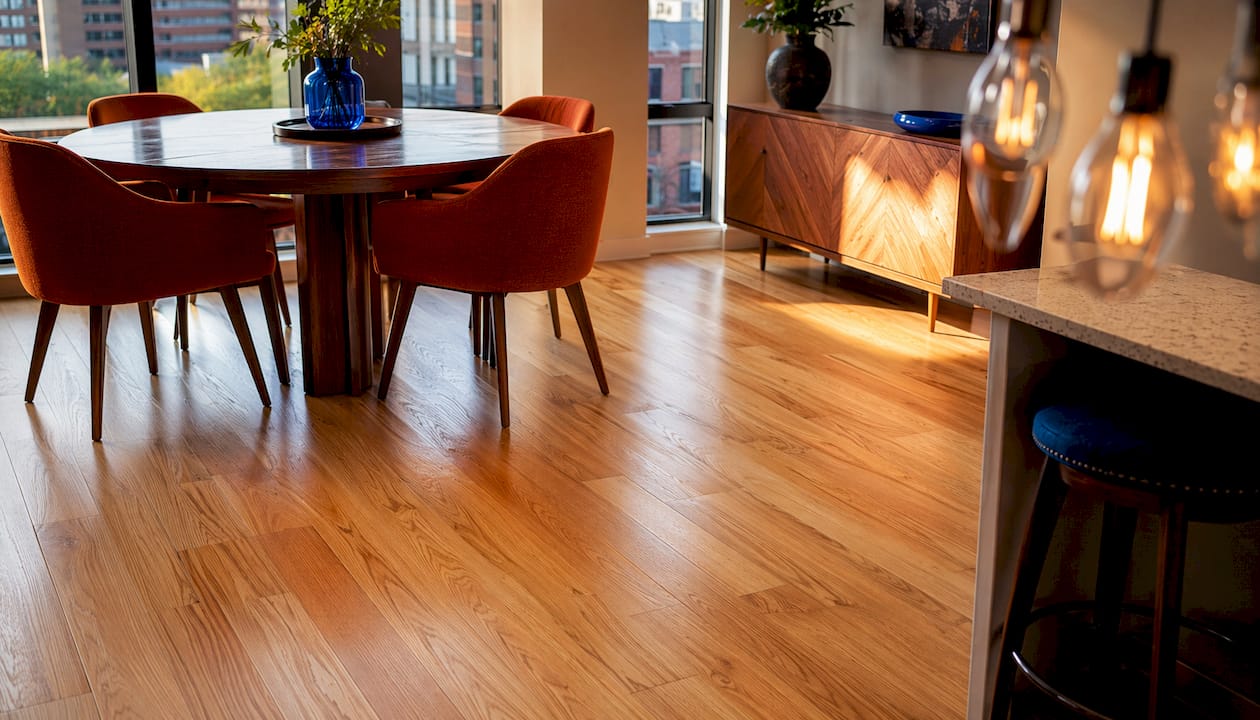 After shot of refinished hardwood floor with warm tones