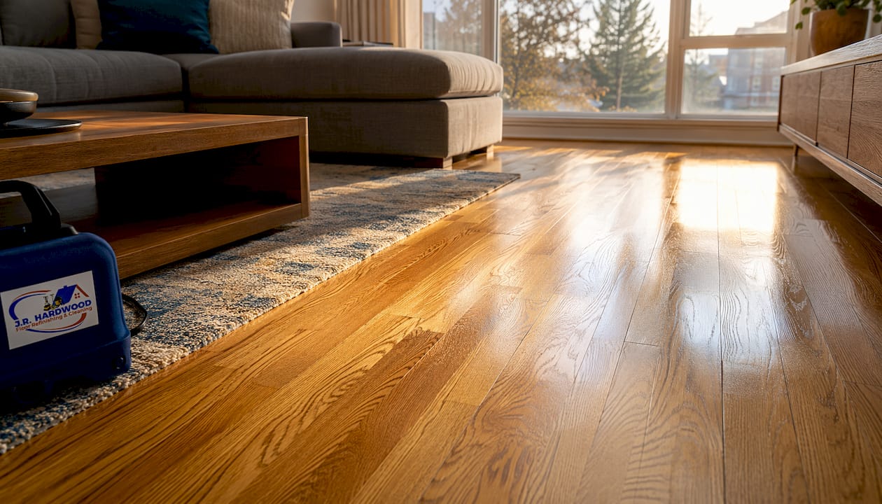 Close-up of refinished hardwood floor with warm tones