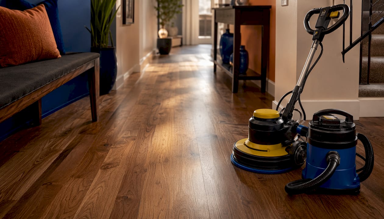 Brightly refinished hardwood floor with warm tones