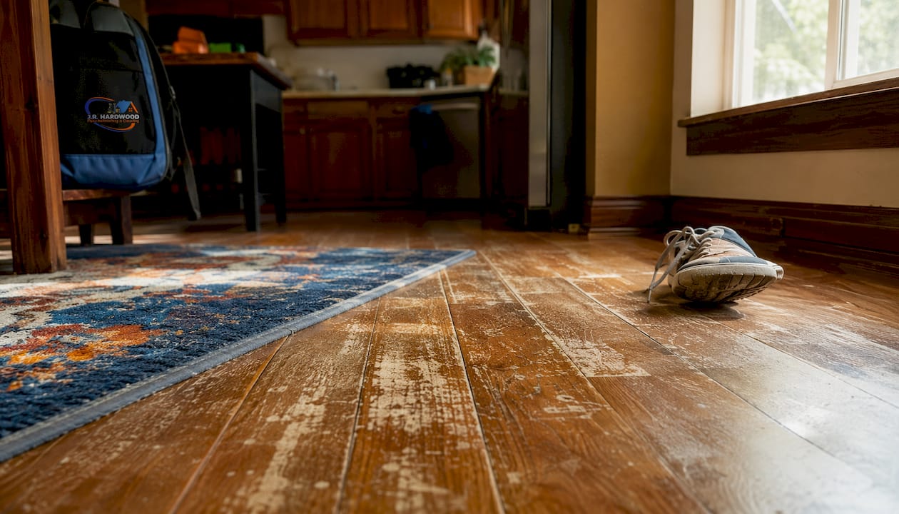 Close-up worn scratched hardwood floor