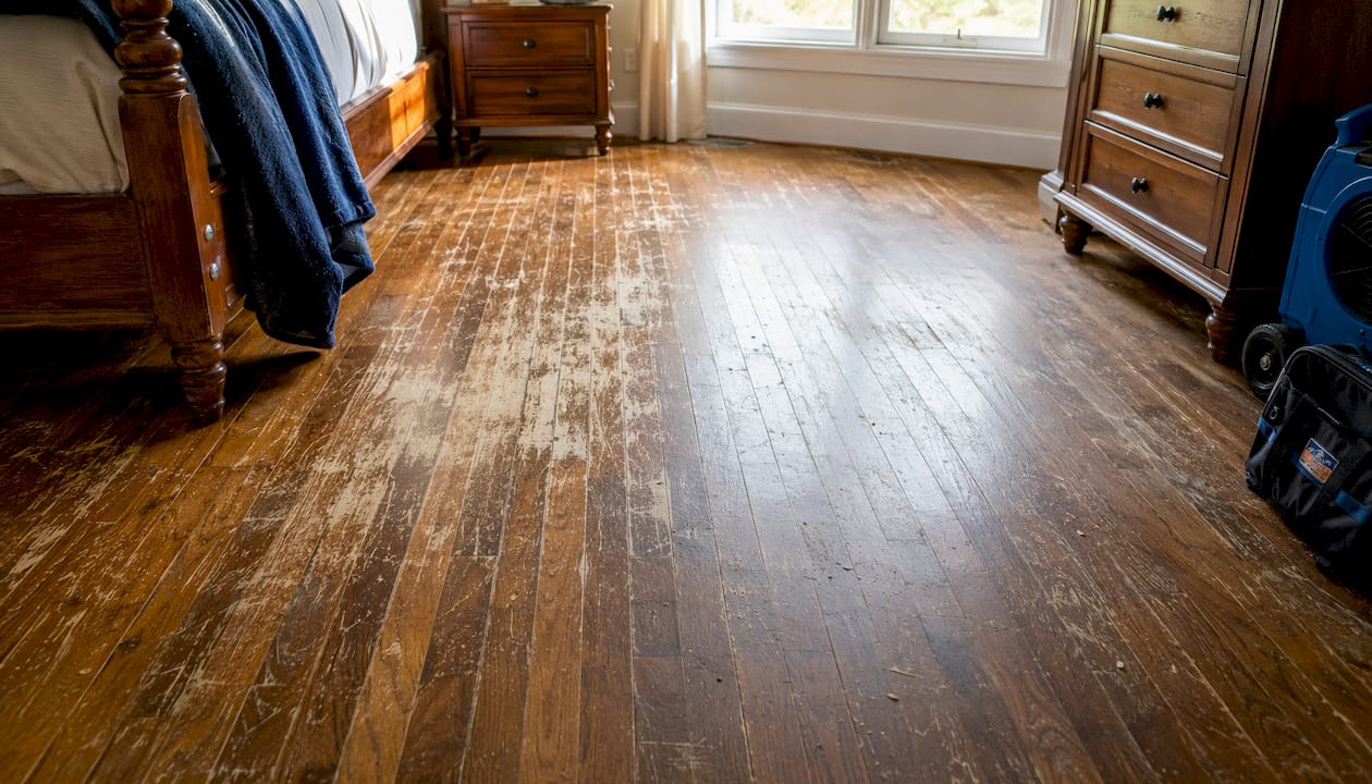 Close-up of worn hardwood floor before refinishing
