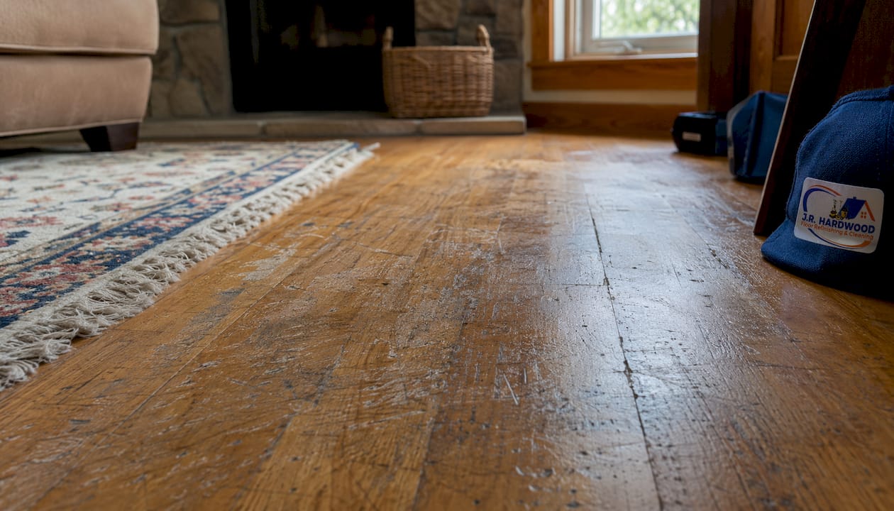 Close-up of worn hardwood floor with scratches