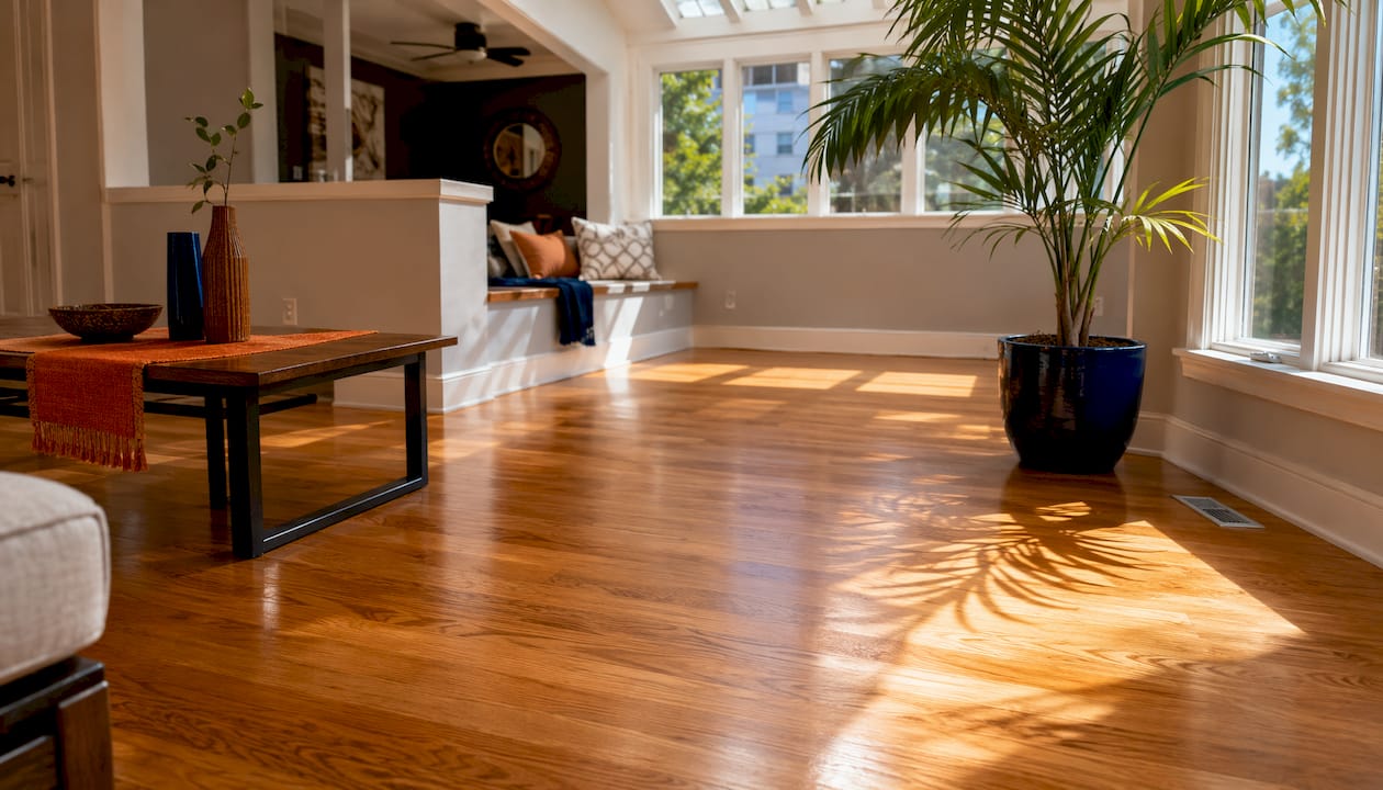 Shiny refinished hardwood floor after UV-Cure