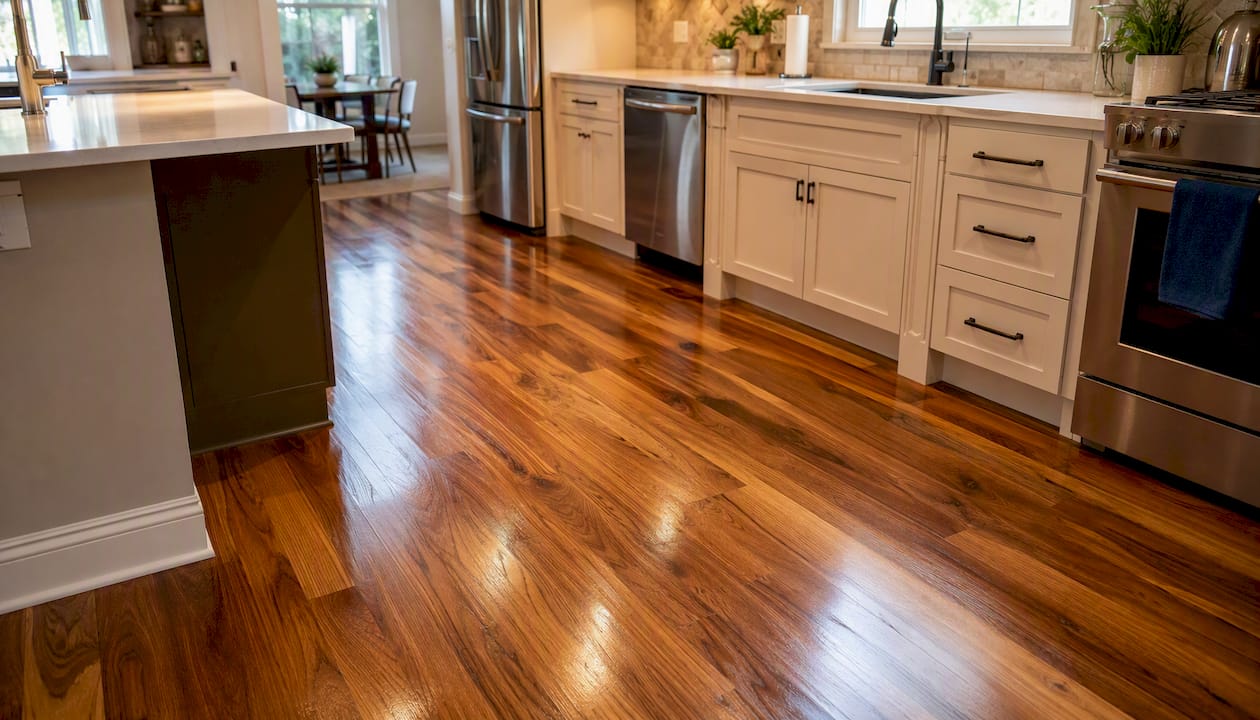 Close-up of refinished hardwood floor with glossy finish