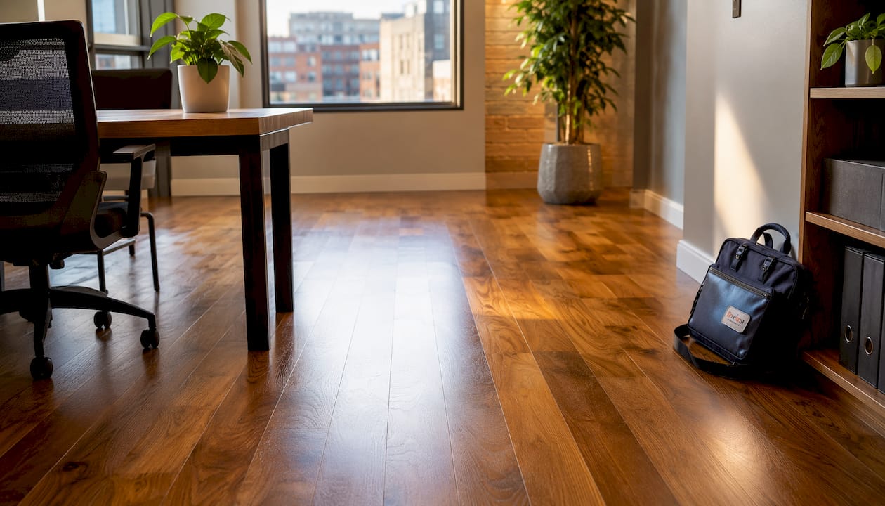 Close-up of refinished hardwood floor with warm tones