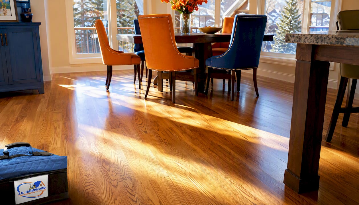 Brightly lit refinished hardwood floor close-up