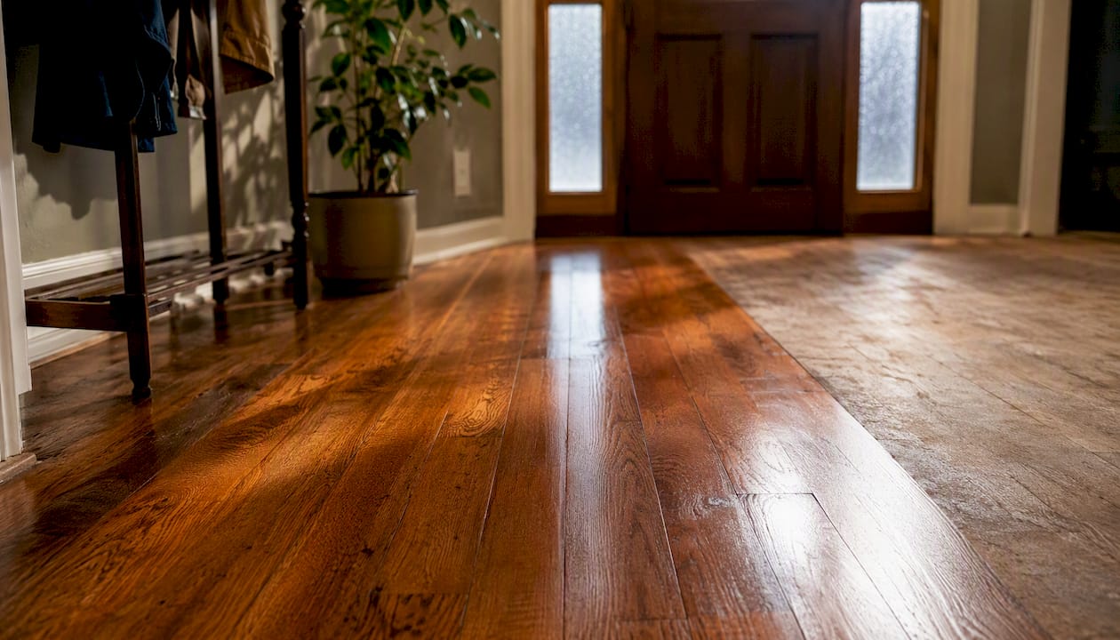 Close-up of refinished vs worn hardwood floor