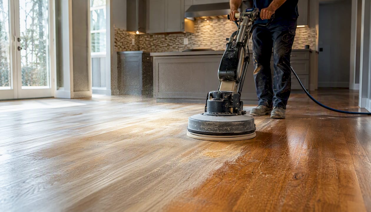 Sanding hardwood floor during refinishing
