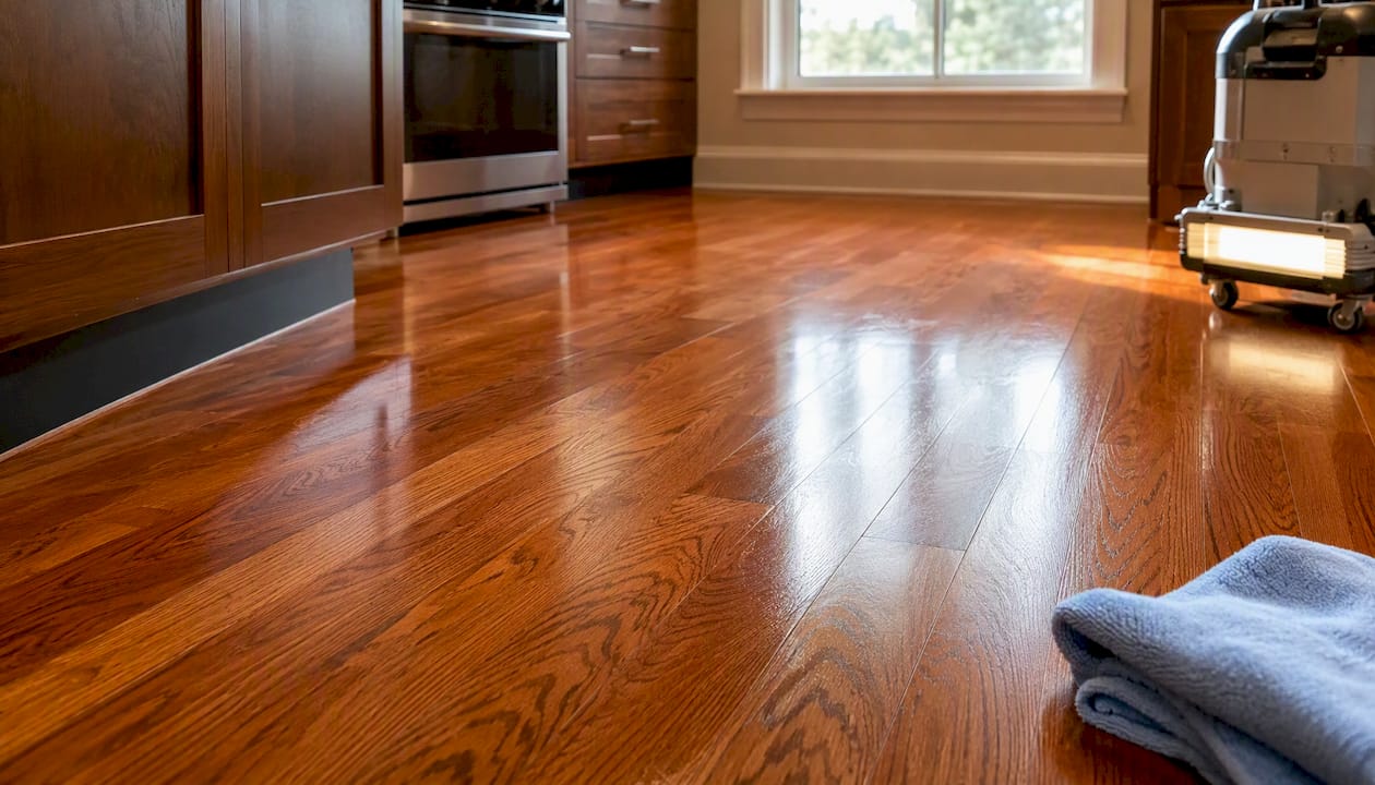 Freshly UV-cured hardwood floor with warm tones