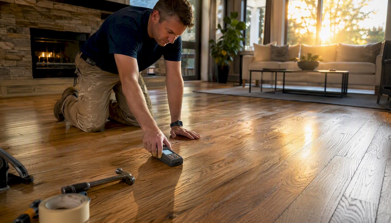Moisture meter testing hardwood floor