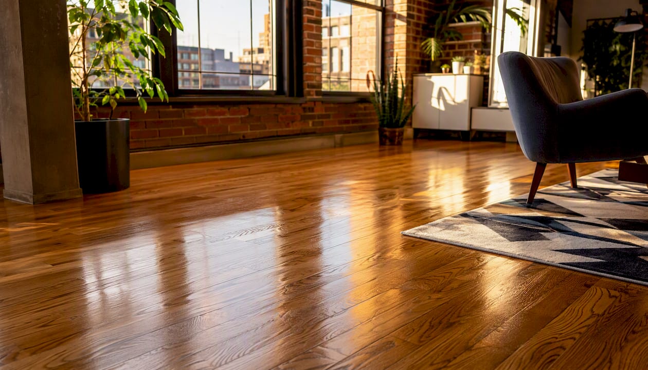 Freshly refinished warm hardwood floor