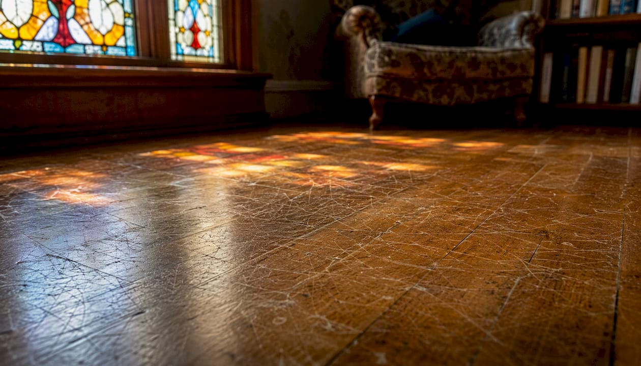 Close-up of scratched hardwood floor