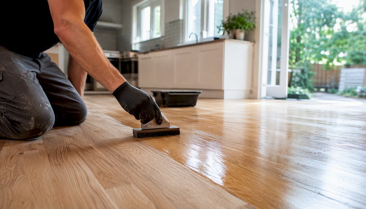 Hand applying UV-cure finish on hardwood floor