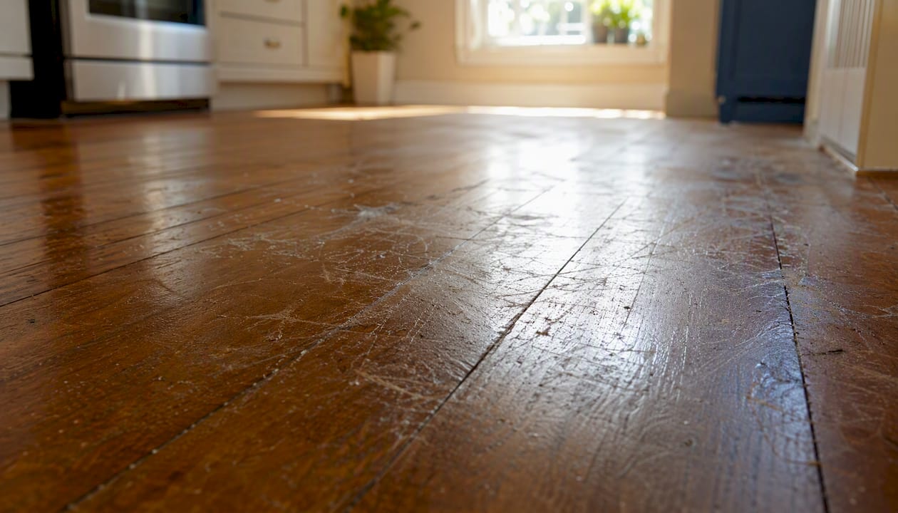 Close-up of scratched hardwood floor with wax buildup