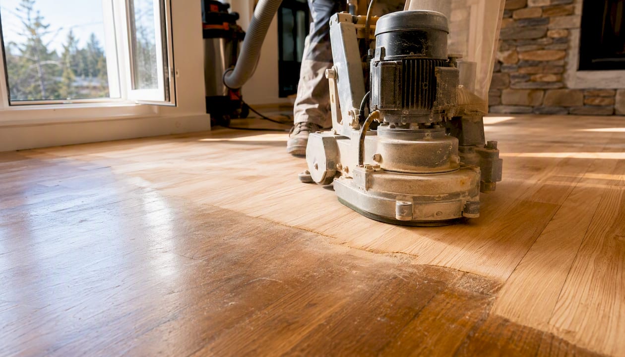Drum sander smoothing hardwood floor surface