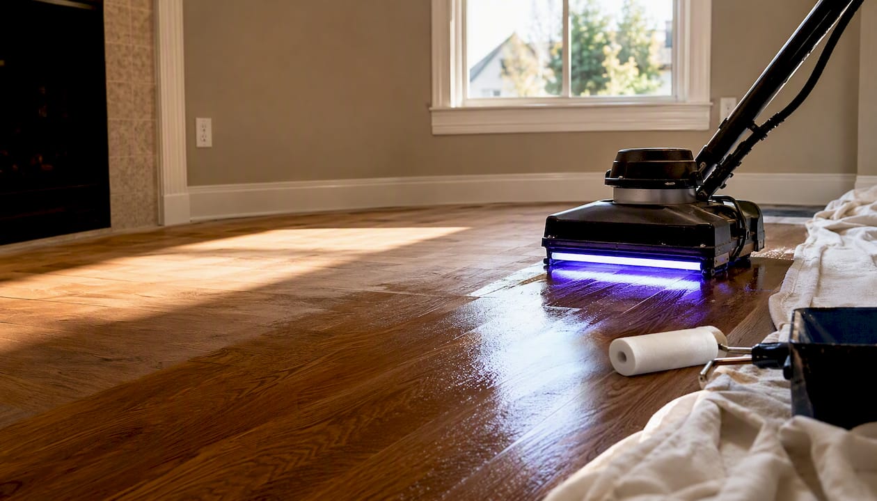 UV lamp curing hardwood floor section
