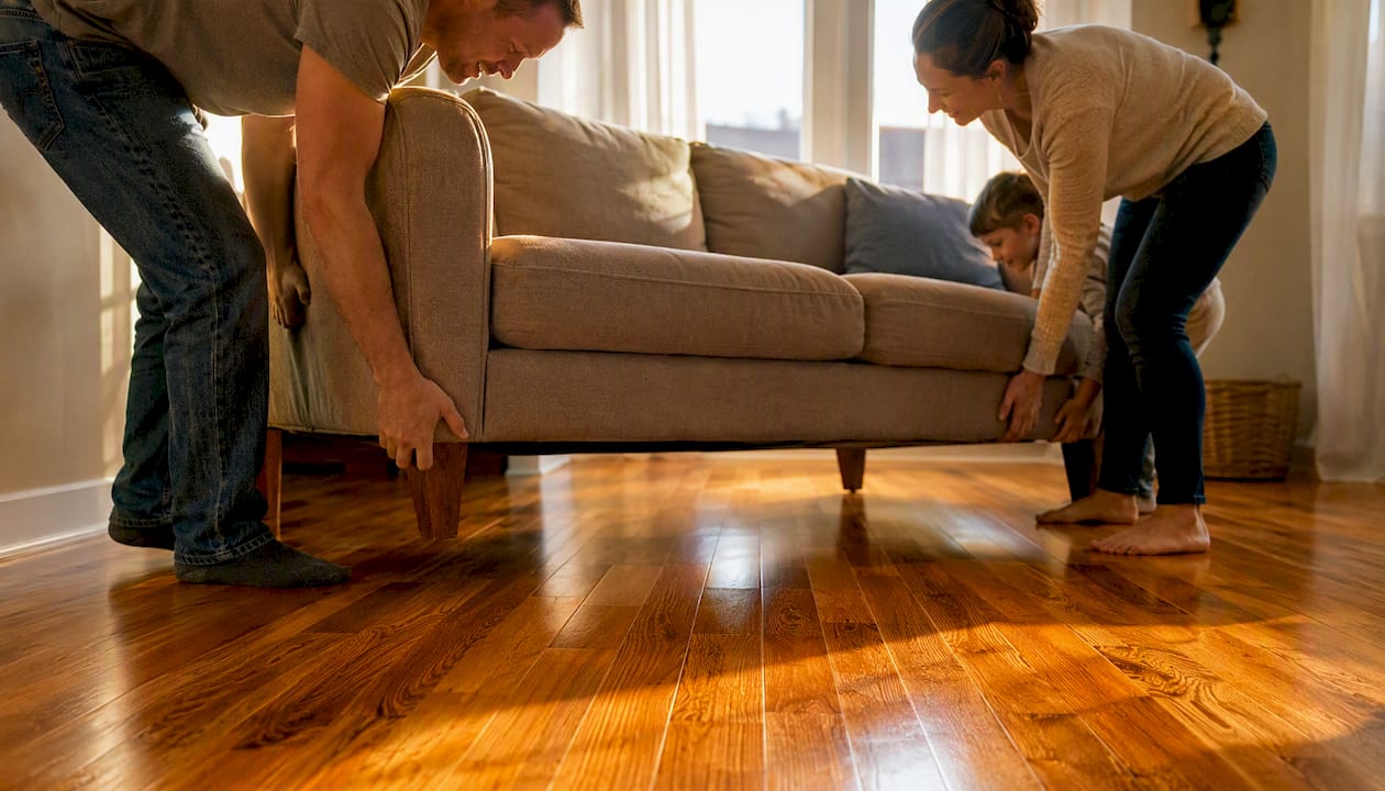 Moving sofa onto freshly refinished hardwood floor