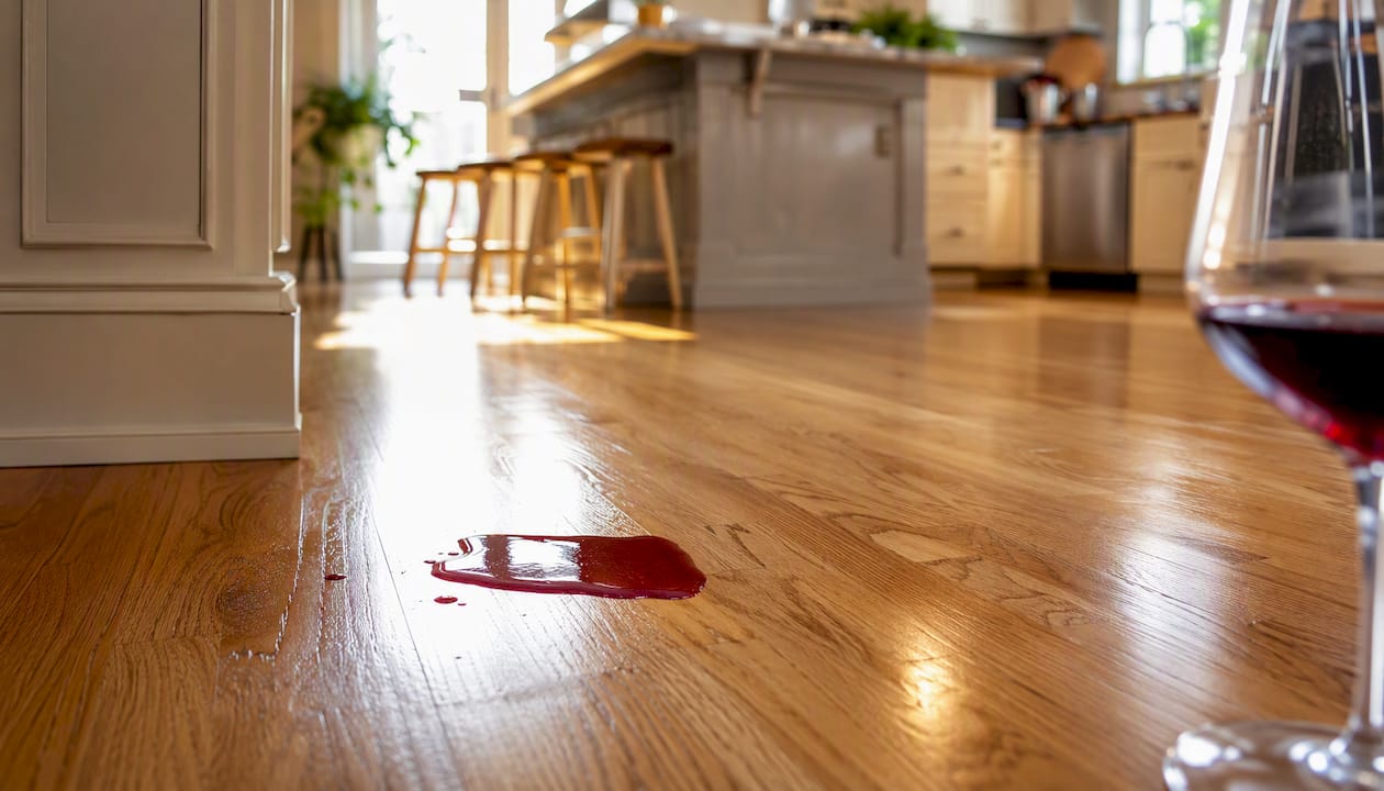 Red wine spill on chemically resistant hardwood floor