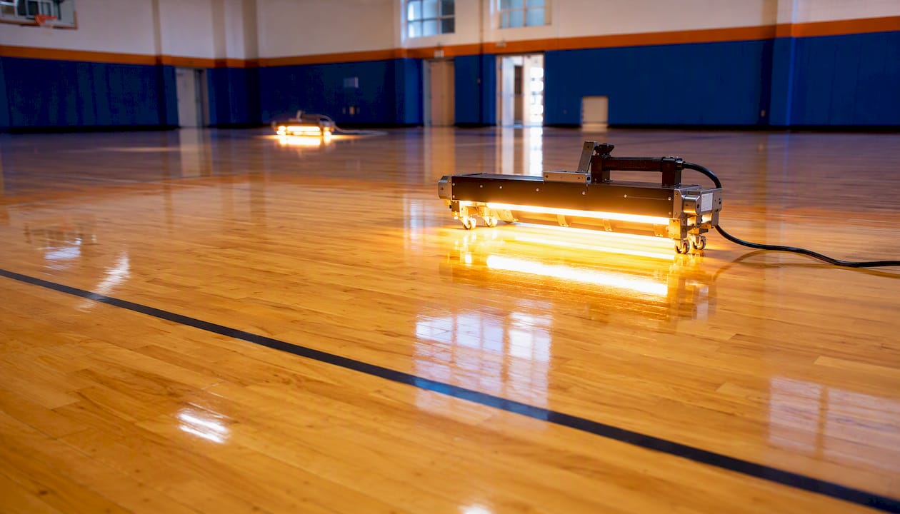 UV-cure light drying finish on gym hardwood floor