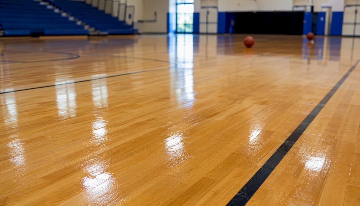 Refinished gym hardwood floor in warm light