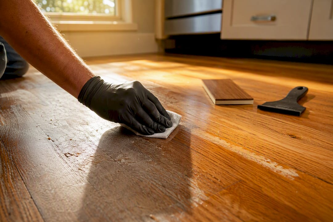 Applying solvent spot test on hardwood floor