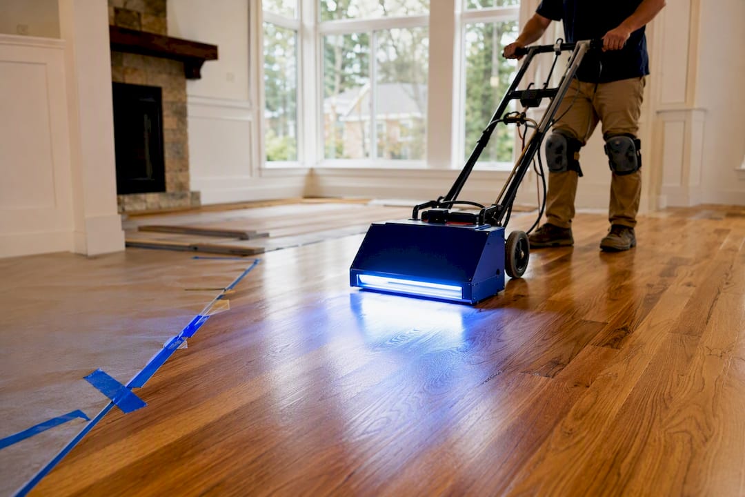 UV lamp curing finish on hardwood floor
