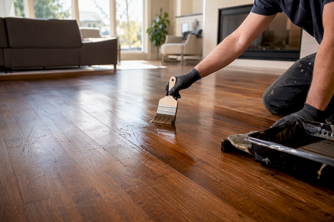Technician applying scratch coat on hardwood floor
