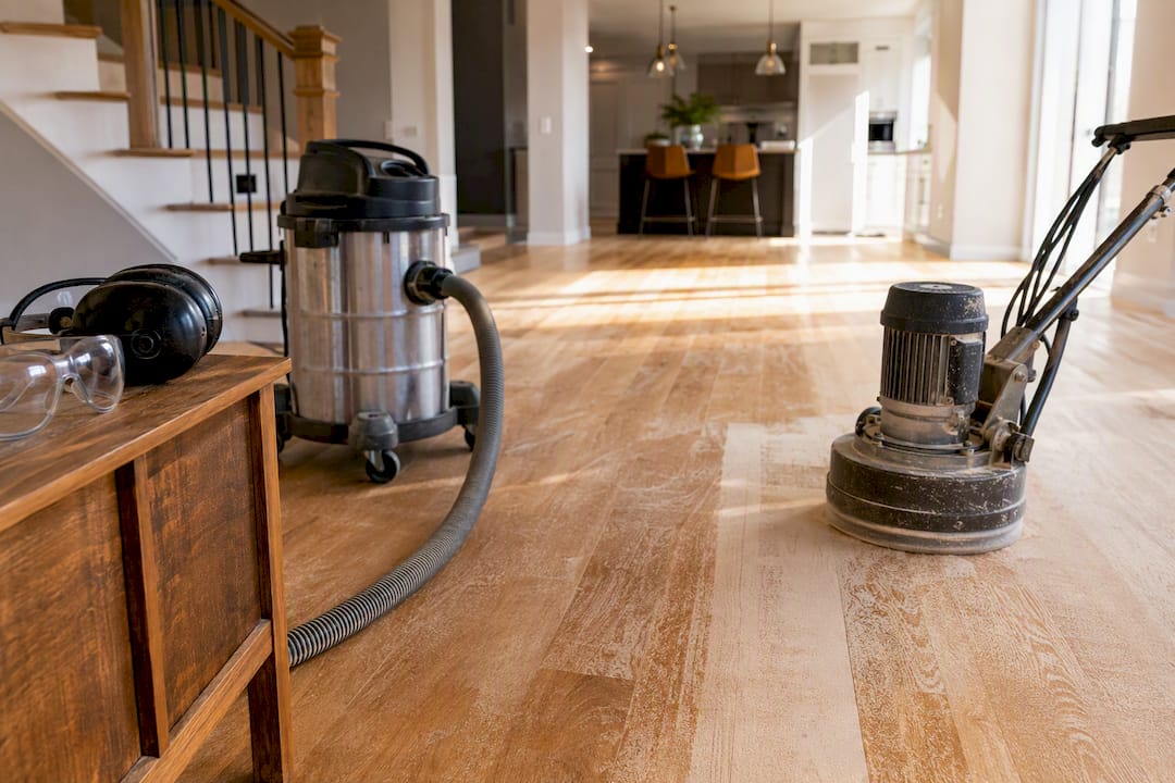 Shop vacuum attached to bamboo floor sander for dust control