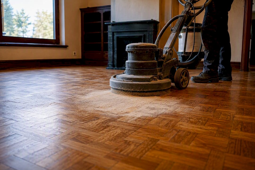 Random orbit sander sanding parquet floor diagonally